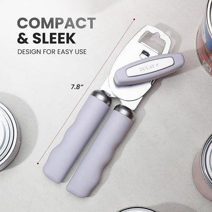 Zulay Kitchen Heavy Duty Stainless Steel Can Opener Manual with Bottle Opener - Rust Proof Manual Can Opener With Turn Knob & Comfy Soft Grip Handles - Airy Lilac