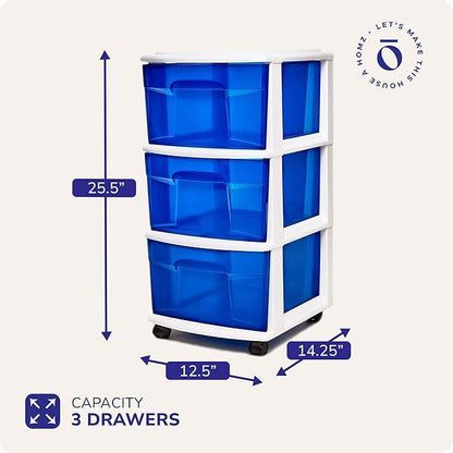 HOMZ 3-Drawer Storage Cart, Plastic Home & Office Organizer, Blue w/ White Frame