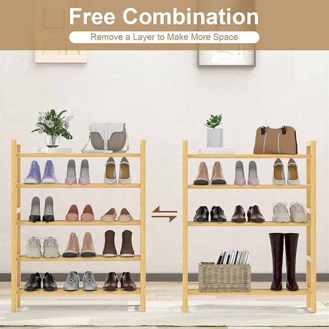 Haddockway Bamboo Shoe Rack for Closet, Free Standing Shoe Organizer with Smooth Round Rods & Convenient Handles, Stackable Shoe Storage Shelf for Entryway, Hallway(Natural, 5-Tier(Small))