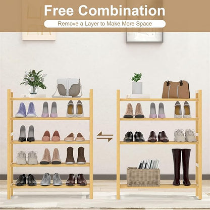 Haddockway Bamboo Shoe Rack for Closet, Free Standing Shoe Organizer with Smooth Round Rods & Convenient Handles, Stackable Shoe Storage Shelf for Entryway, Hallway(Natural, 5-Tier(Small))