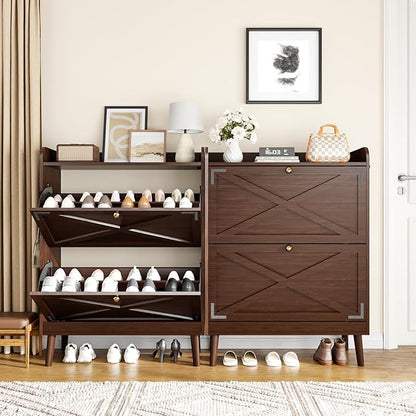 Shoe Storage Cabinet with 2 Flip Drawers & Adjustable Shelves,Narrow Shoe Cabinet Storage with Doors Side Hooks Wooden Shoe Rack Cabinet for Entryway,Hallway,Rustic Brown
