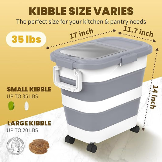 HOYTAMDA 25-35Lbs Rice Container,Collapsible Airtight Food Storage Containers with Wheels,Handle,Rice Storage Container with Small Bin and Scoop,Rice Dispenser for Flour Sugar Cereal Grain Dog Cat