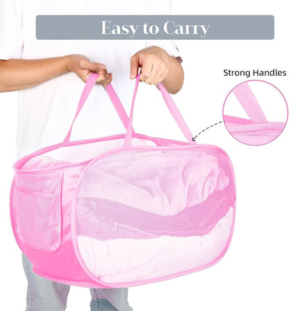 4 Pcs Durable Collapsible Laundry Baskets, Foldable Large Opening Pop Up Laundry Hamper with Pocket, Clothes Hamper with Handles for Laundry, Bathroom, Kids Room, Dorm or Travel Pink