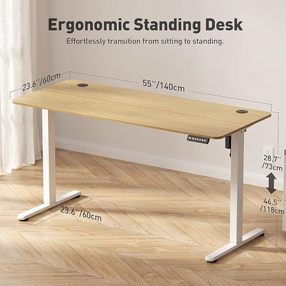 55" Electric Standing Desk Adjustable Height, Ergonomic Sit Stand Computer Desk for Home Office, Sturdy Motorized Workstation with Memory Controller & Timer, Oak