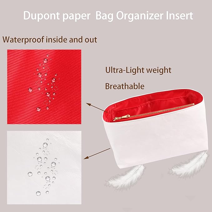Purse Organizer Insert for handbag，Dupont paper Ultra-Light weight Bag Organizer Insert for LV Speedy 30 Waterproof (Large-white red)