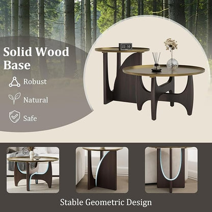 ACEDÉCOR Coffee Table and End Table Sets, Round Center Table Set with 2 Side Tables, Solid Wood Coffee Table Set, 3 Piece Living Room Table Set for Apartment Home
