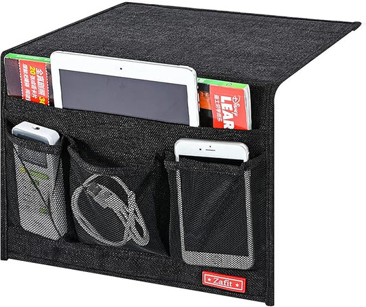 Zafit Linen 4 Pockets Bedside Caddy, Bedside Storage Organizer for Magazine, Remotes, Phone (Classic Black)