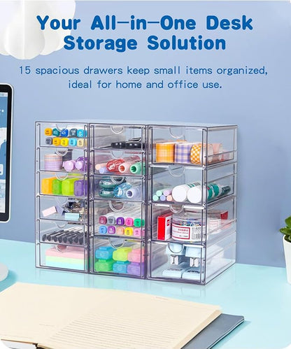 VZKAH Clear Acrylic Organizer with Drawers | 15-Drawer Desktop Unit | Makeup & Desk Organization and Storage Box for Office, Craft, Vanity Table, Bathroom, Home Essentials