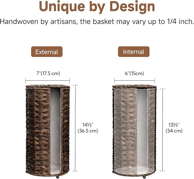 StorageWorks Free Standing Wicker Toilet Paper Holder Stand for Bathroom Storage, Decorative Water Hyacinth Toilet Paper Storage with Lid, 3 Rolls of Tissue Holder with a Built-in Cloth Lining, Brown