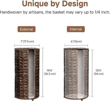 StorageWorks Free Standing Wicker Toilet Paper Holder Stand for Bathroom Storage, Decorative Water Hyacinth Toilet Paper Storage with Lid, 3 Rolls of Tissue Holder with a Built-in Cloth Lining, Brown