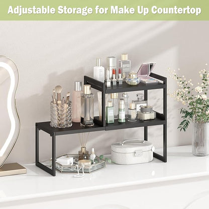 DOLALIKE Expandable Kitchen Countertop Organizer, Stackable Cabinet Shelf Organizers, Space Saving Spice Rack Pantry Storage for Bathroom Office Organization (Black, 2 Pack)