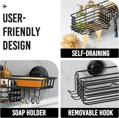 LEVERLOC Shower Caddy Suction Cup, Suction Caddy with Hooks and Soap Holder for Bathroom, No-Drilling Bathroom Shower Organizer, Black