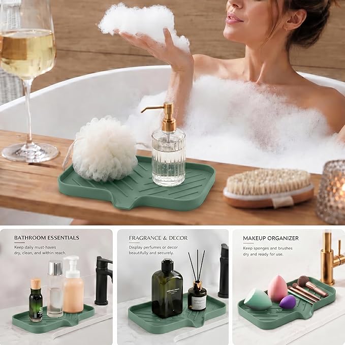 MicoYang Silicone Soap Dish with Drain Spout — Self-Draining Sink Organizer Tray for Bathroom & Kitchen, Sponges, Dispensers & Soap Holder, Non-Slip & Dishwasher Safe, Green (Medium, 9.6"×5.3")
