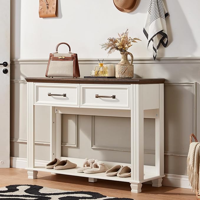 Farmhouse 46" Console Table with 2 Drawers, Rustic Wood 2 Tier Entryway Table with Open Storage Shelf for Entry, Large Mid-Century Vintage Sofa Tables Behind Couch for Living Room, White