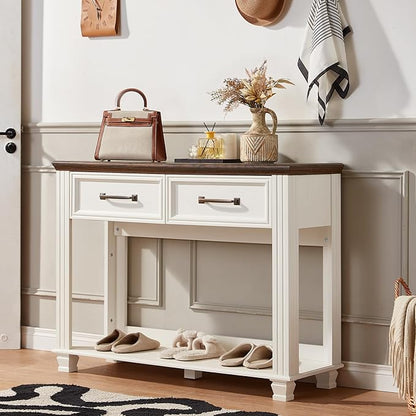 Farmhouse 46" Console Table with 2 Drawers, Rustic Wood 2 Tier Entryway Table with Open Storage Shelf for Entry, Large Mid-Century Vintage Sofa Tables Behind Couch for Living Room, White