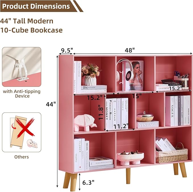 LEYAOYAO 10 Cube Bookshelf,3 Tier Modern Wide Bookcase with Legs,Mid-Century Wood Bookshelves Storage，Light Pink Large Book Case,Freestanding Organizer Display Shelf for Bedroom,Living Room,Office