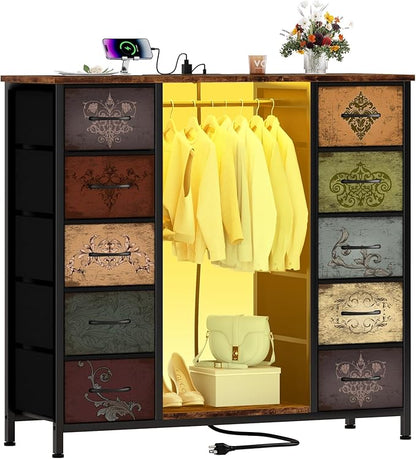 Dresser for Bedroom with Hanging Rack, 10 Drawers TV Stand with Charging Station LED Lights, Pattern Fabric Storage Organizer Cabinets for Living Room, Entryway, Nursery