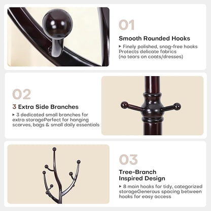 Freestanding Rubberwood Coat Rack, 11 Hooks & 16.5" Wide Round Base, Wooden Coat Rack Stand, Coat Hanger Free Standing Hall Tree for Entryway, Hallway, Bedroom, Jacket, Clothes (Wine Red)