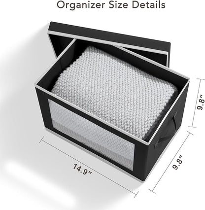 Homsorout Storage Boxes with Lids - 5 Pack Foldable Clear Window Storage Bins, Large Decorative Storage Bins with Handles, Storage Containers for Clothes, Towel, Blanket, Sheet, Black