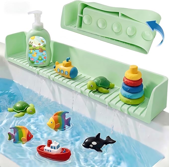 Bathtub Splash Guard for Tub Kids, Silicone Bath Toy Holder & Tub Side Tray with Suction Cups, Bath Tub Shelf for Kids, Bathtub Toy Storage, Green