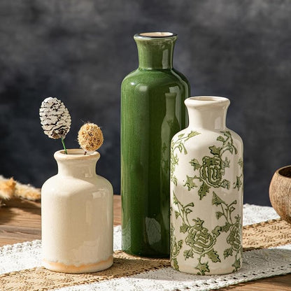 Rustic Ceramic Vase Set of 3, Flower Vases for Farmhouse Decor, Kitchen Living Room Table Centerpieces Decoration, Shelf, Mantel and Entrance Decorations-Multicolor.
