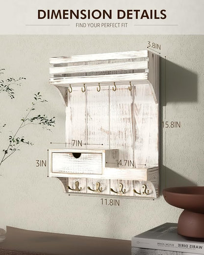 Rebee Vision Farmhouse Key Holder Wall Mount with Mini Drawer Organizer - Decorative Mail Organizer with 9 Key Hooks & Shelf - Ideal Apartment Essentials for Home Decor (Whitewash)