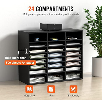 VEVOR Literature Organizers, 24 Compartments Office Mailbox with Adjustable Shelves, Wood Literature Sorter 29x12x24.4 inches for Office, Home, Classroom, Mailrooms Organization, EPA Certified Black