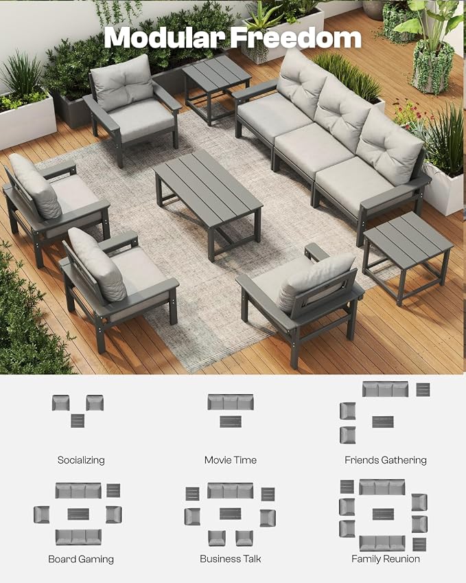 HDPE Outdoor Patio Furniture Set, 10-Piece Patio Conversation Set with 3-Seat Sofa, 4 Armchairs, 2 Side Tables & 1 Coffee Table, All-Weather Outdoor Sofa Set for Deck, Porch, Garden (Grey Frame)
