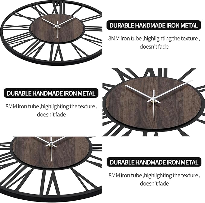 LEIKE Large LED Wall Clocks,Silent,Non Ticking,Battery Operated Rustic Round Modern Big Wood Wall Clock for Living Room, Bedroom,Kitchen,Farmhouse,Office,Home Decor -24" Black,LED,Roman Number