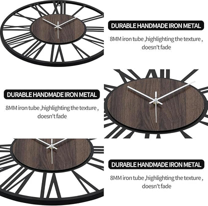 LEIKE Large LED Wall Clocks,Silent,Non Ticking,Battery Operated Rustic Round Modern Big Wood Wall Clock for Living Room, Bedroom,Kitchen,Farmhouse,Office,Home Decor -24" Black,LED,Roman Number