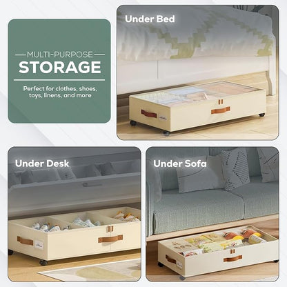 Underbed Storage with Wheels, 2 Pack (36L Each)| Low Profile Storage Organizer with Clear Window, Double Zipper & 360° Locking Wheels – Rolling Metal Drawer for Clothes, Shoes, & More (Beige)