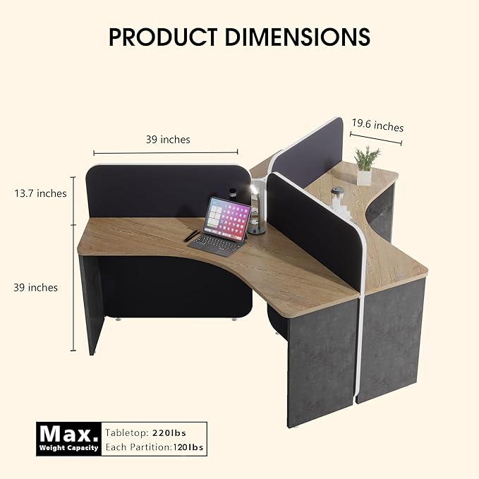 3 Person Office Cubicle Desk Workstation with Drawers & Built-in Power Outlets, Adjustable Wall Partitions, Layouts for Startups and Modern Workspaces,Black Fabric Panels