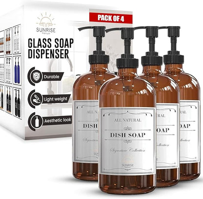 Sunrise Premium 16 OZ Amber Glass Soap Dispenser with Pump, Hand and Dish Soap Dispenser Set for Bathroom with 12 Waterproof Labels, Pack 4