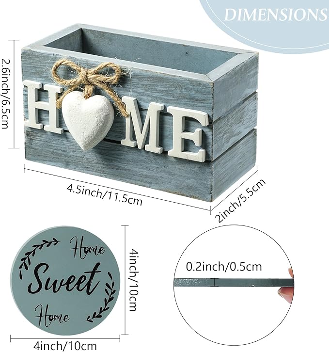 Queekay Coasters Set of 6 House Warming Gifts New Home Wooden Farmhouse Drink Coasters with Holder 4'' Funny Decoration for Kitchen Family Coffee Bar Tabletop Protection(Ocean Color)