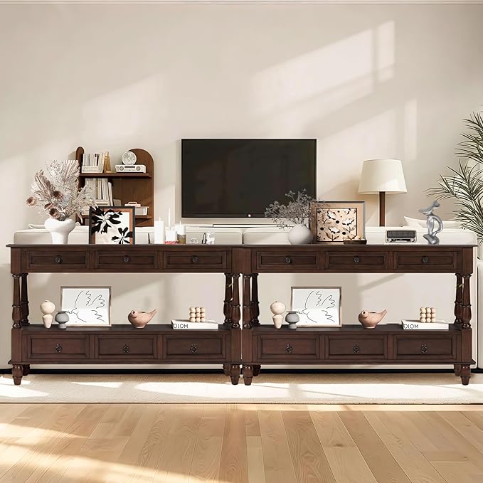 LKTART 54'' Solid Wood Console Table, Farmhouse Entryway Table with 6 Drawers and Shelf, Narrow Long Sofa Table with Storage for Living Room Hallway, Couch, Foyer (Espresso)