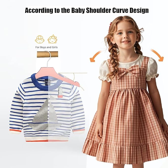 Pink 12.7" Ultra-Thin Wooden Children Closet Clothes Clips Hangers 20PCS Wood Baby Kids Coat Hangers for Infant Toddler Newborn Jumpsuit Pants Skirts Jeans Space Saving Heavy Duty Durable