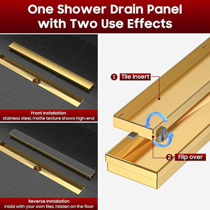 DLONE Linear Shower Drain | 48" AISI 304 Stainless Steel Linear Drain, Brushed Gold Shower Drain with Tile Insert Panel & Adjustable Feet, Long Rectangle Shower Floor Drain in Bathroom, Balcony, etc