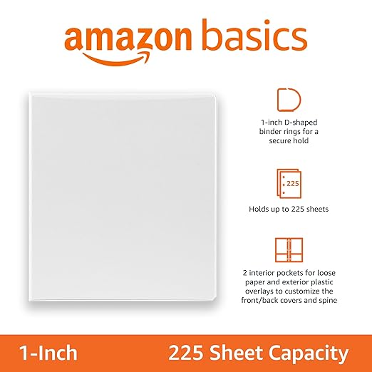Amazon Basics 3 Ring Binder, 1 Inch D-Ring, Clear Overlay, Pockets for Storage and Organization, White, 4 Pack