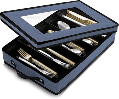Flatware & Utensil Storage, Durable Silverware Storage Box with Padded Dividers, 5 Compartment Flatware Storage Case, Silverware Case with Handles, Protects and Organizes Cutlery, Blue