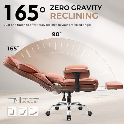 Big and Tall Office Chair - 400 LBS Capacity Executive Chair with High Back & Footrest, Ergonomic Office Chair for Heavy People, Wide Padded Seat Computer Gaming Chair, Brown