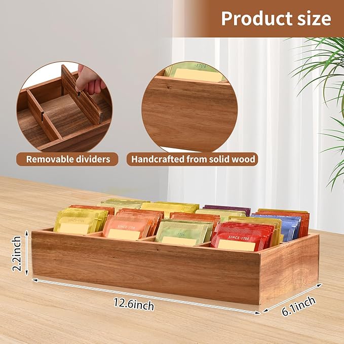 Acacia Wood Tea Bag Organizer with 8 Slots – Tea Bag Holder and Tea Organizer, Sugar Packet Storage for Countertops, Set Of Two