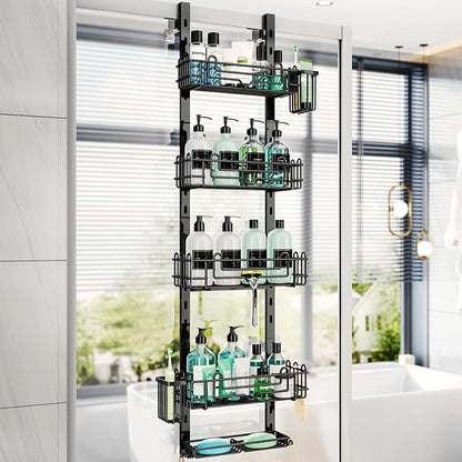 HapiRm 5 Tier Over the Door Shower Caddy, Hanging Shower Caddy with 28 Hooks and 2 Toothbrush Holders, No Drilling Adjustable Hanging Bathroom Organizer - Black