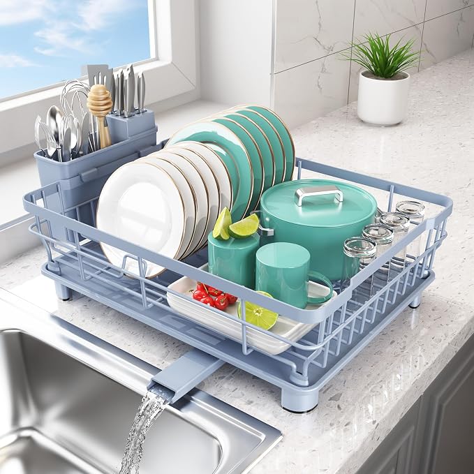 Dish Drying Rack - Space Saving Dish Rack - Dish Racks for Kitchen Counter with Drainboard,Rustproof Dish Drainer with Removable Utensil Holder,Blue