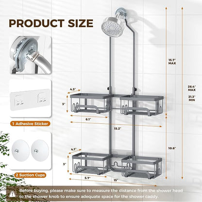REINHARDT Adjustable Shower Caddy Hanging Split Shower Caddy for Handheld Showerheads, Rustproof Shower Organizer with Hooks for Razors Over the Head Caddy with Soap Holder Bathroom Accessories, Grey