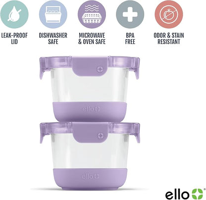 Ello Duraglass Refresh 2 Cup Meal Prep Sets 4Pc, 2 Pack - Glass Food Storage Container with Silicone Boot and Airtight BPA-Free Plastic Lids, Dishwasher, Microwave and Freezer Safe, Dusty Lavender