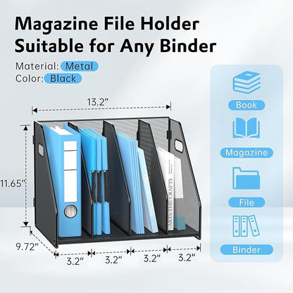SUPEASY Binder Organizer, Magazine File Holder with 4 Vertical Compartments Rack, Metal Desk File Organizer & Binder Holders, Magazine Organizers for Office Desktop, Home, School (Black)