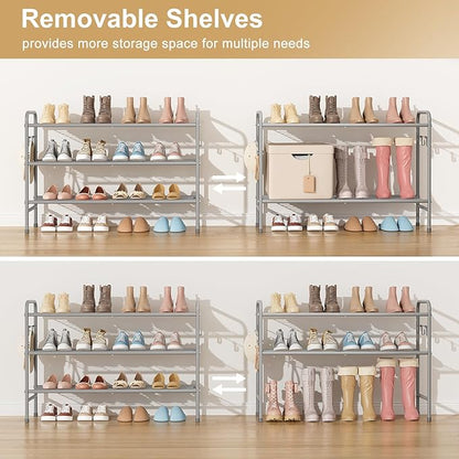 3 Tier Shoe Rack 33" Wide Metal Shoe Organizer Long Shoe Storage with 4 Side Hooks Sturdy Shoes Shelf for Front Door Entrance, Closet, Garage, Dorm, Grey