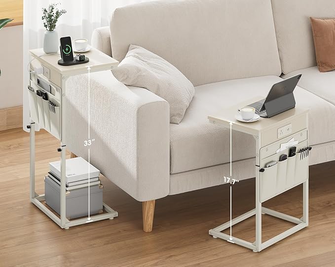 Vagusicc C Shaped End Table with Charging Station, 33" Tall Side Table for Couch, C Table Adjustable Height Small Couch Side Table, Slide Under Sofa Table TV Tray Arm Table for Living Room, Cream