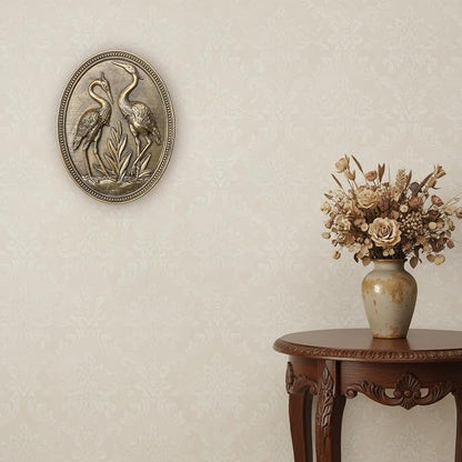Vintage Crane Wall Sculpture, Antique Wall Decor, Crane Wall Art, Hand Painted Wall Decoration with Embossed Couple Birds Design, Heron Wall Art, Vintage Wall Decor for Living Room Bedroom Dining Room Hallway, Housewarming Gifts