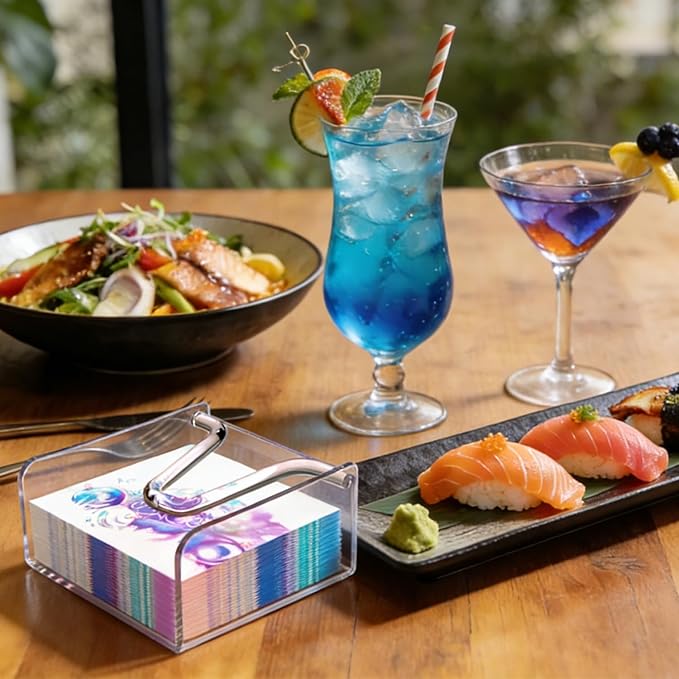 Clear Acrylic Gravity-Fed Napkin Holder with Weighted Arm, 6.5x6.5 Inch - Keeps Napkins in Place, Stable for Outdoor Dining Table & Patio